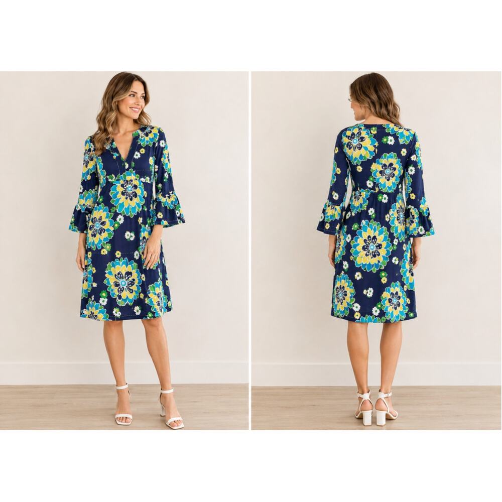 Lilly Pulitzer Twyla Bell Sleeve Floral Shift Dress Small Coastal Resort Retro